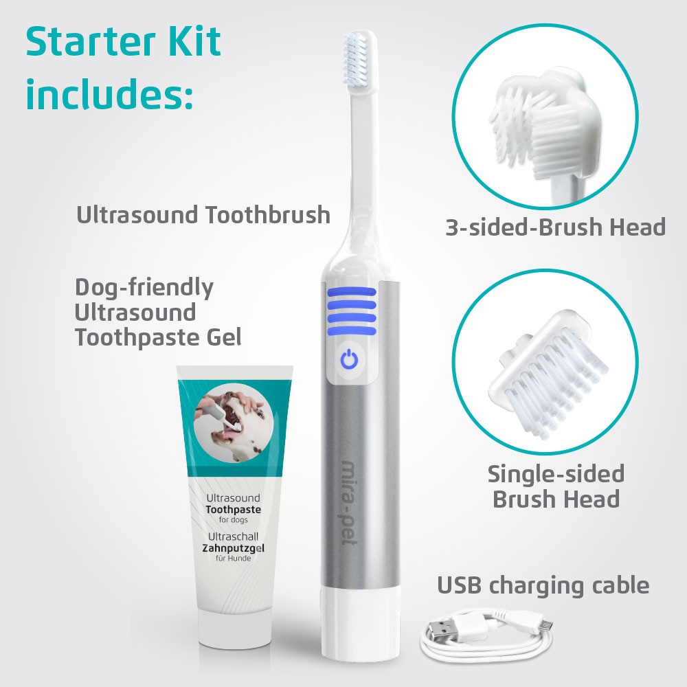 The Mira-Pet Starter Kit includes 2 single-sided Brush Heads and 1 3-sided Brush Head plus 1 tube of Toothpaste