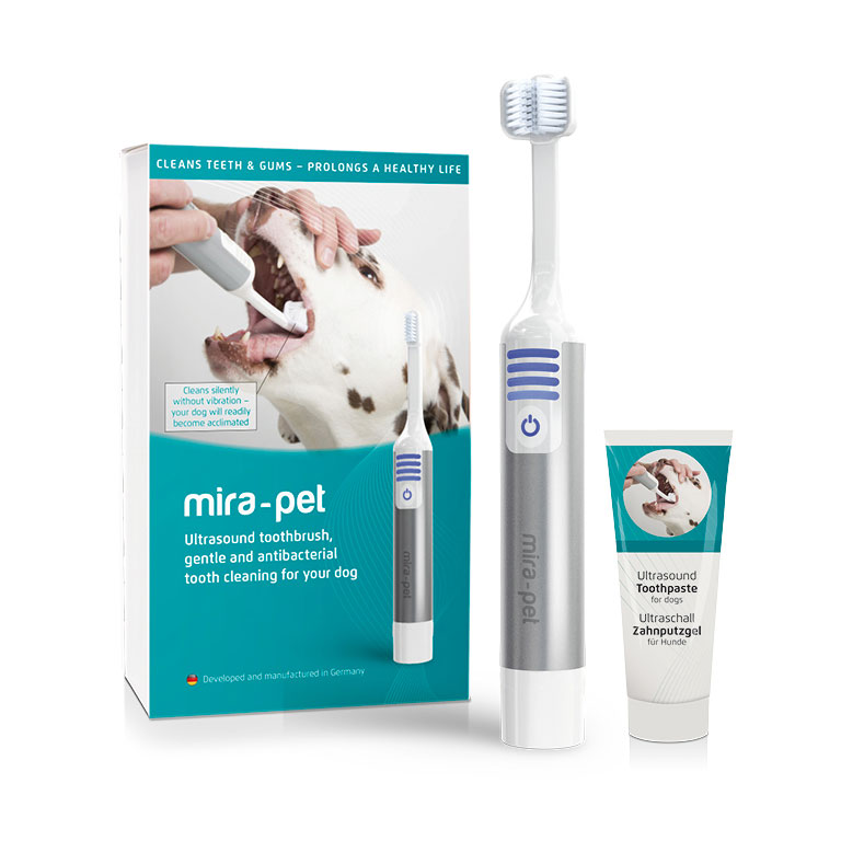 The Mira-Pet Dog Toothbrush Starter Kit includes the brush, brush heads and dog toothpaste